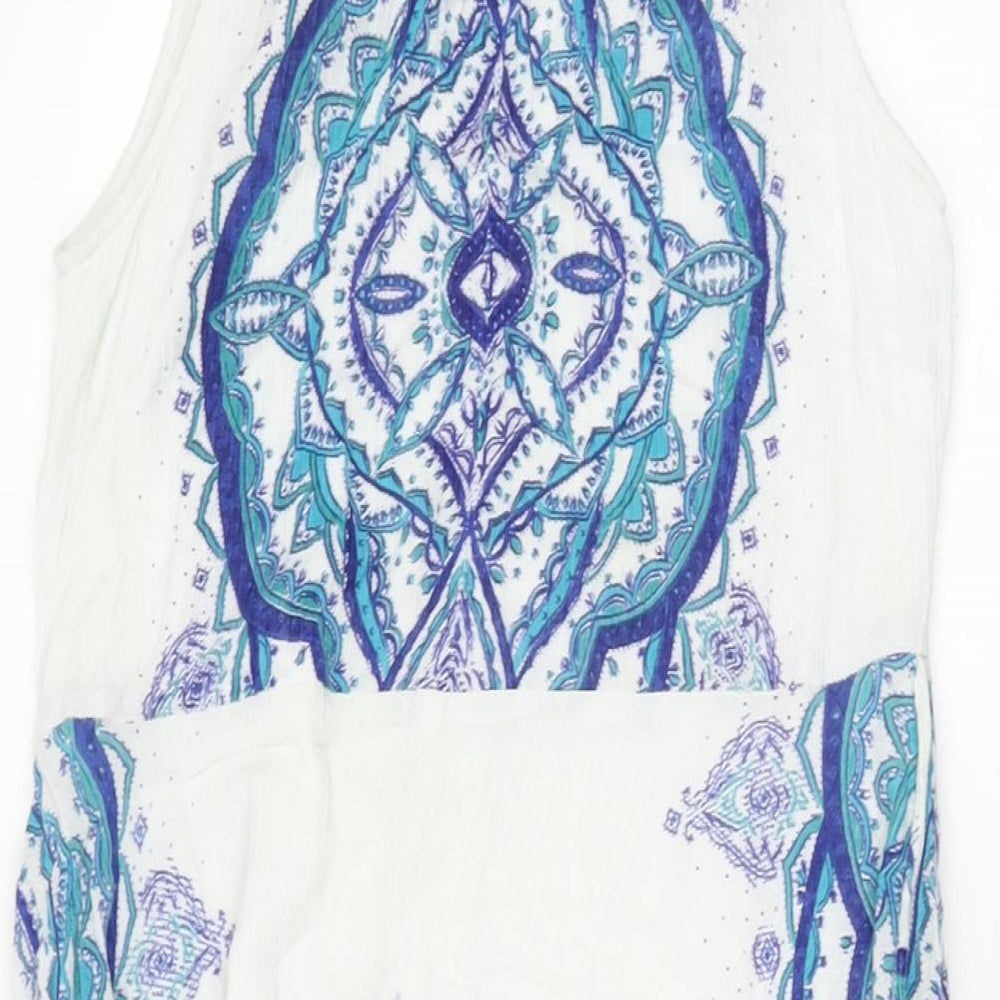 Bonmarché Womens White Geometric Viscose A-Line Size 10 Round Neck Button