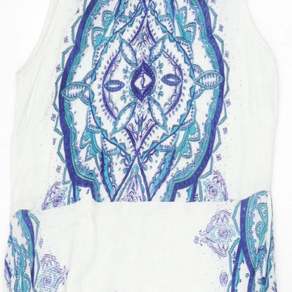 Bonmarché Womens White Geometric Viscose A-Line Size 10 Round Neck Button