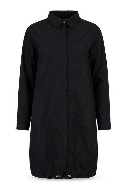 Front view of Fashion women’s black polyester shirt dress, size S, collared button