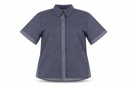 Front view of gabrielle women’s blue geometric polyester basic button-up, size UK 16, collared