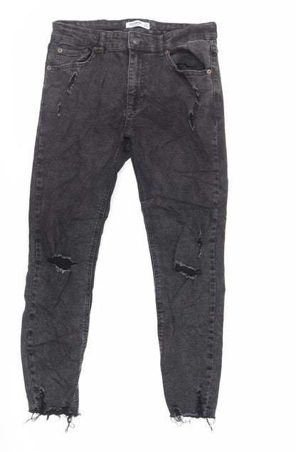 Pull&Bear Womens Black Cotton Skinny Jeans Size 12 L27 in Regular Zip - Raw Hem