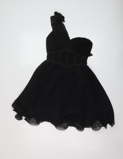 Little Mistress Womens Black Polyester Skater Dress Size 10 One Shoulder Zip