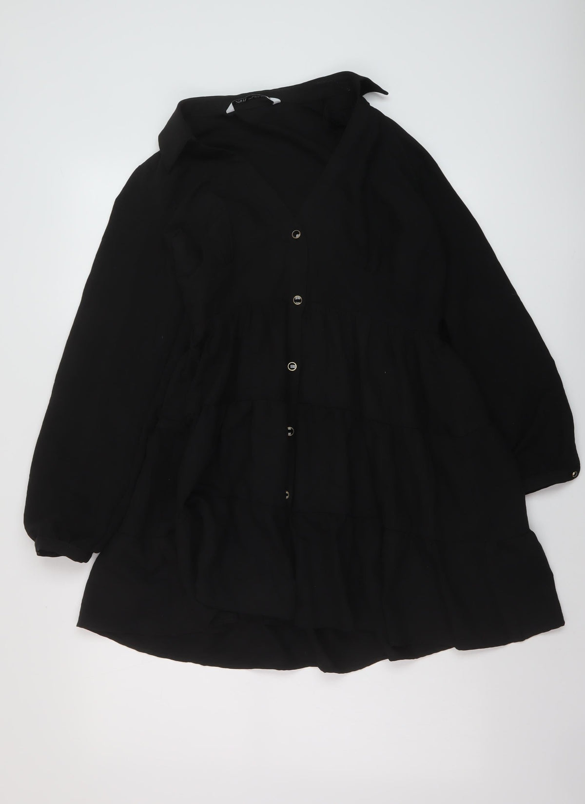Zara Womens Black Polyester A-Line Size S V-Neck Button