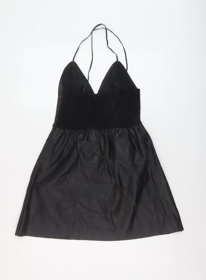 Zara Womens Black Polyester A-Line Size S V-Neck Zip