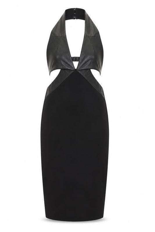 Front view of Missguided women’s black polyester bodycon, size UK 10, halter zip