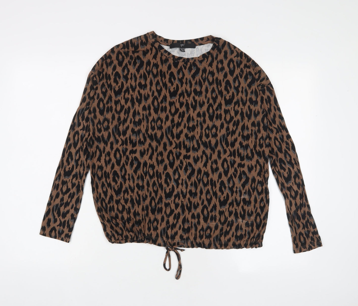 Up! Womens Brown Animal Print Viscose Basic T-Shirt Size XS Crew Neck