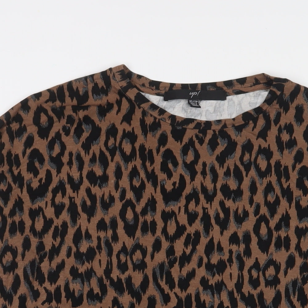 Up! Womens Brown Animal Print Viscose Basic T-Shirt Size XS Crew Neck