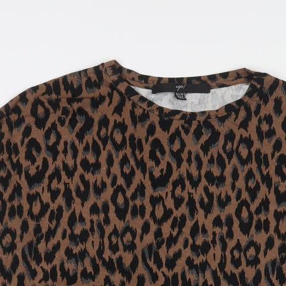 Up! Womens Brown Animal Print Viscose Basic T-Shirt Size XS Crew Neck