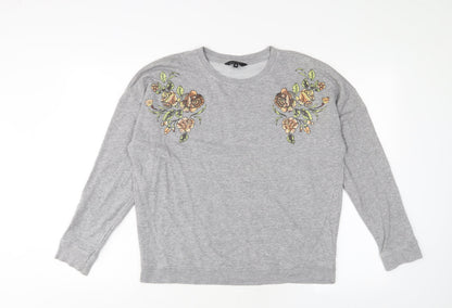 New Look Womens Grey Floral Cotton Pullover Sweatshirt Size 10 Pullover