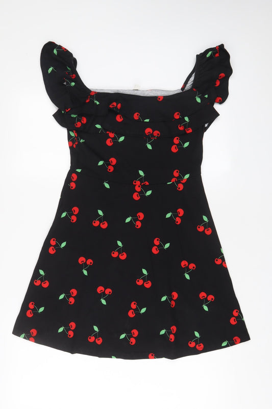 ASOS Womens Black Geometric Cotton A-Line Size 10 Off the Shoulder Pullover - Cherries