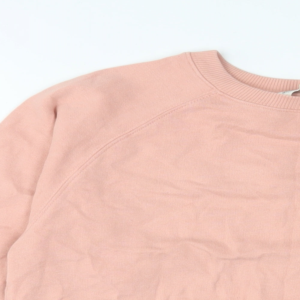Close-up detail of Miss Selfridge women’s pink cotton pullover sweatshirt, size S, pullover