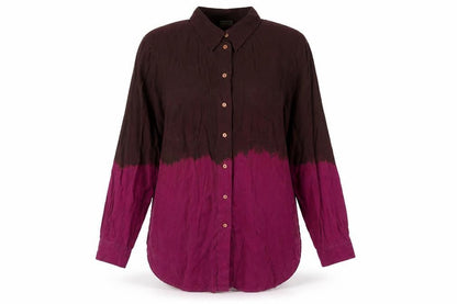 Front view of OuiSet women’s purple colourblock silk basic button-up, size UK 16, collared - ombre