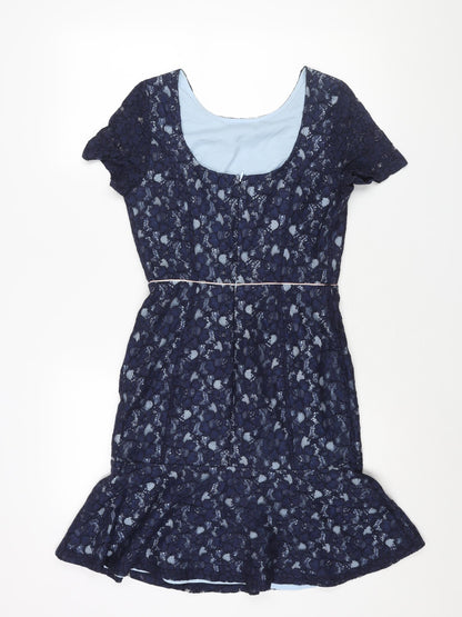 Yumi Womens Blue Viscose Shift Size 8 Round Neck Zip - Frill