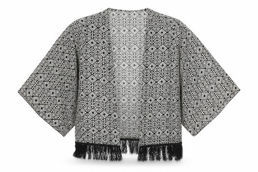About A Girl Womens Black Geometric Polyester Kimono Blouse Size S V-Neck - Size S-M Tassle Hem