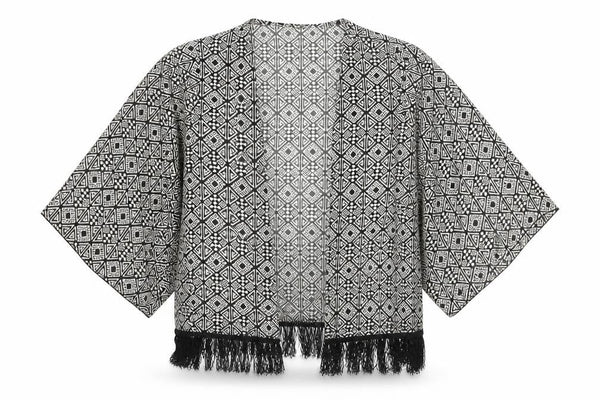 About A Girl Womens Black Geometric Polyester Kimono Blouse Size S V-Neck - Size S-M Tassle Hem