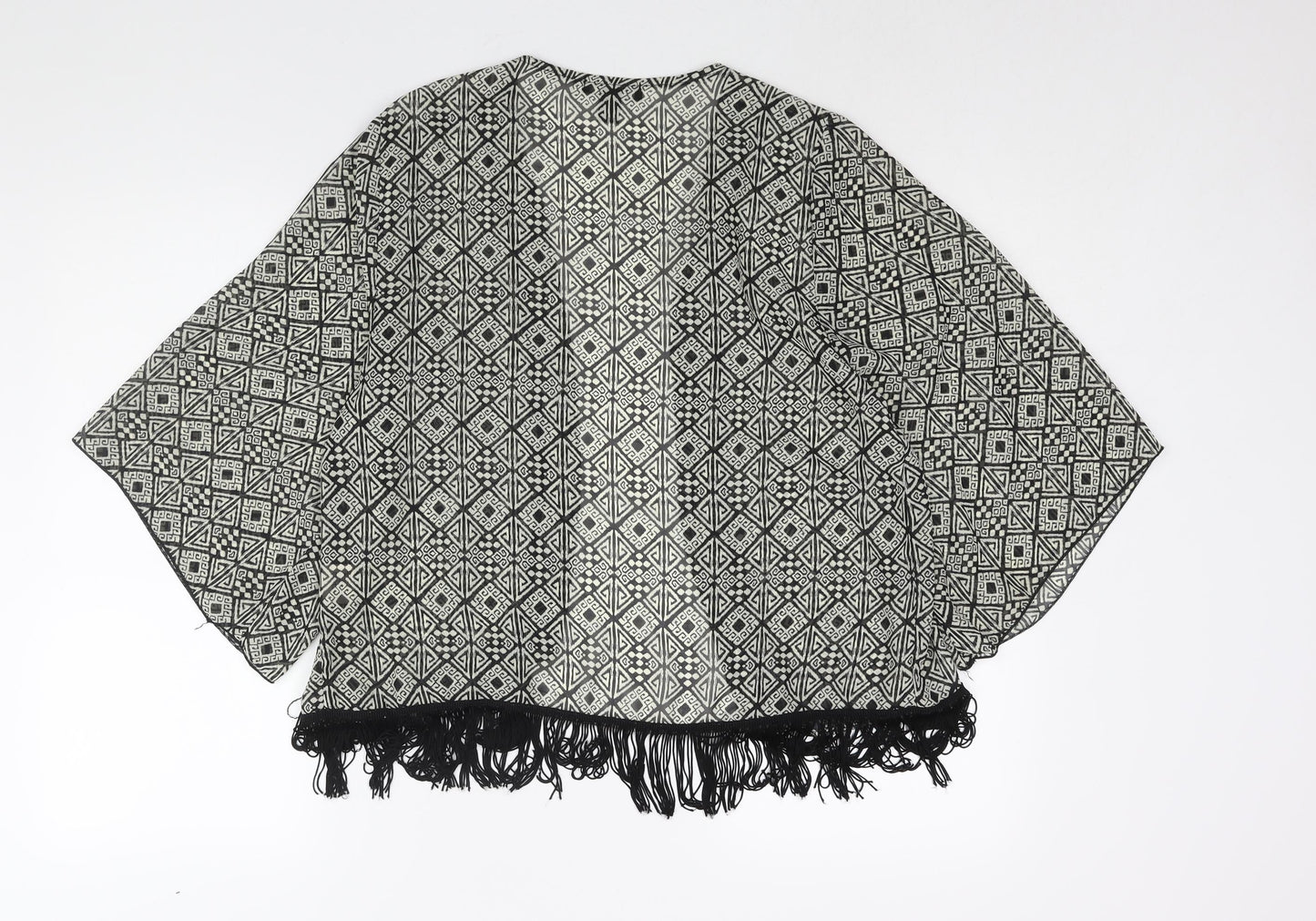 About A Girl Womens Black Geometric Polyester Kimono Blouse Size S V-Neck - Size S-M Tassle Hem