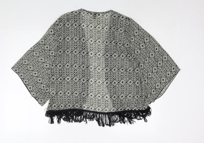 About A Girl Womens Black Geometric Polyester Kimono Blouse Size S V-Neck - Size S-M Tassle Hem