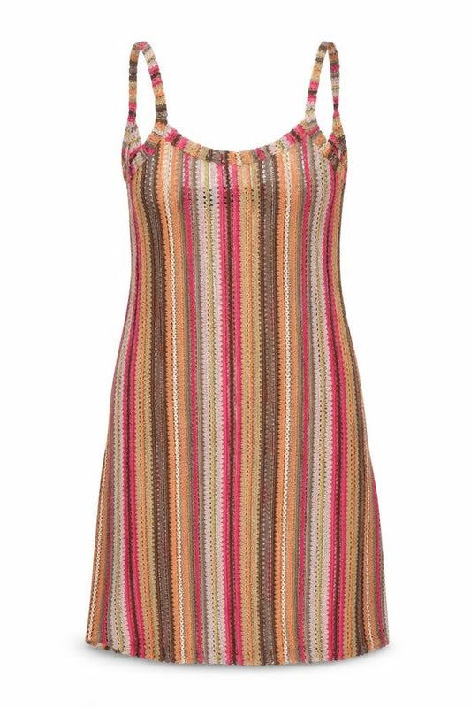 Front view of I SAW IT FIRST women’s multicoloured striped polyester mini, size UK 8, scoop neck pullover - semi sheer