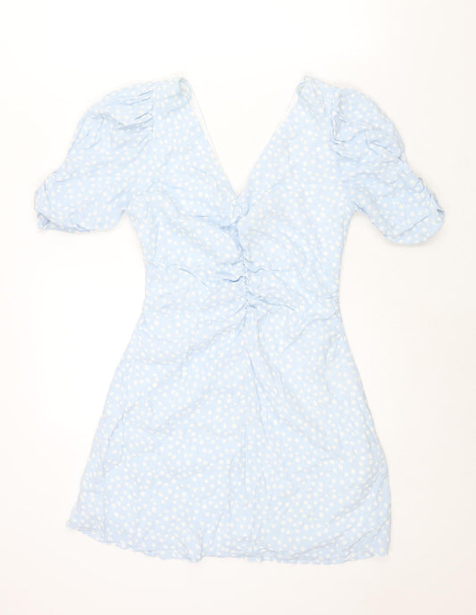 Zara Womens Blue Polka Dot Viscose A-Line Size M V-Neck Zip - Rouched