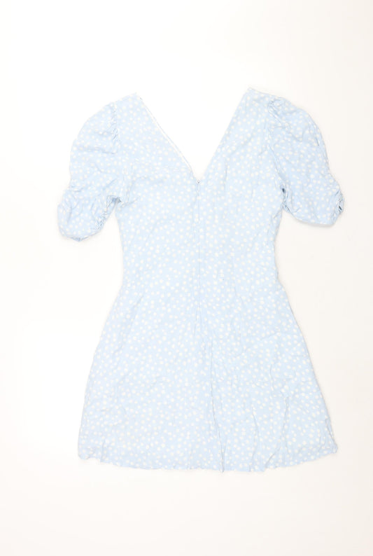 Zara Womens Blue Polka Dot Viscose A-Line Size M V-Neck Zip - Rouched