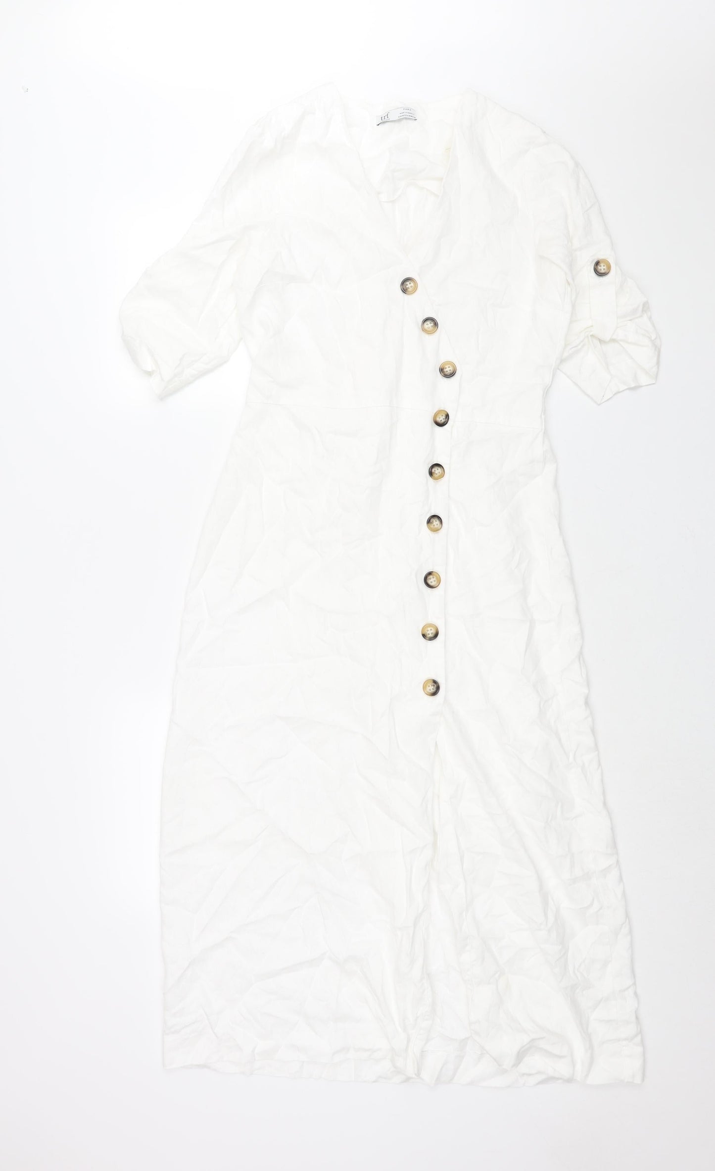 Zara Womens White Cotton Shift Size M V-Neck Button - Belted