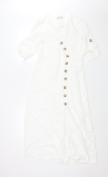 Zara Womens White Cotton Shift Size M V-Neck Button - Belted