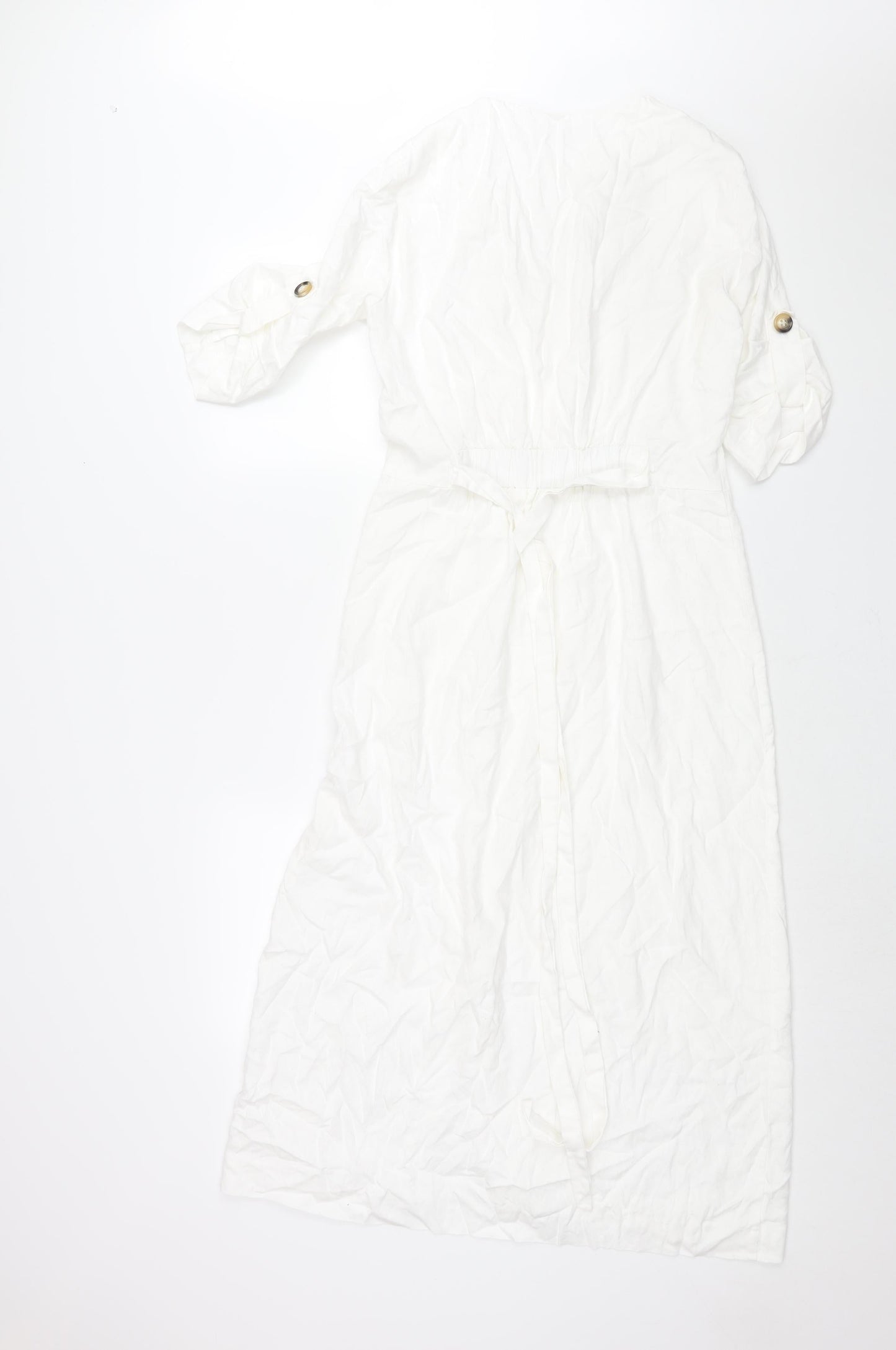 Zara Womens White Cotton Shift Size M V-Neck Button - Belted