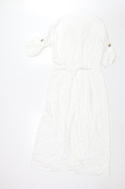 Zara Womens White Cotton Shift Size M V-Neck Button - Belted