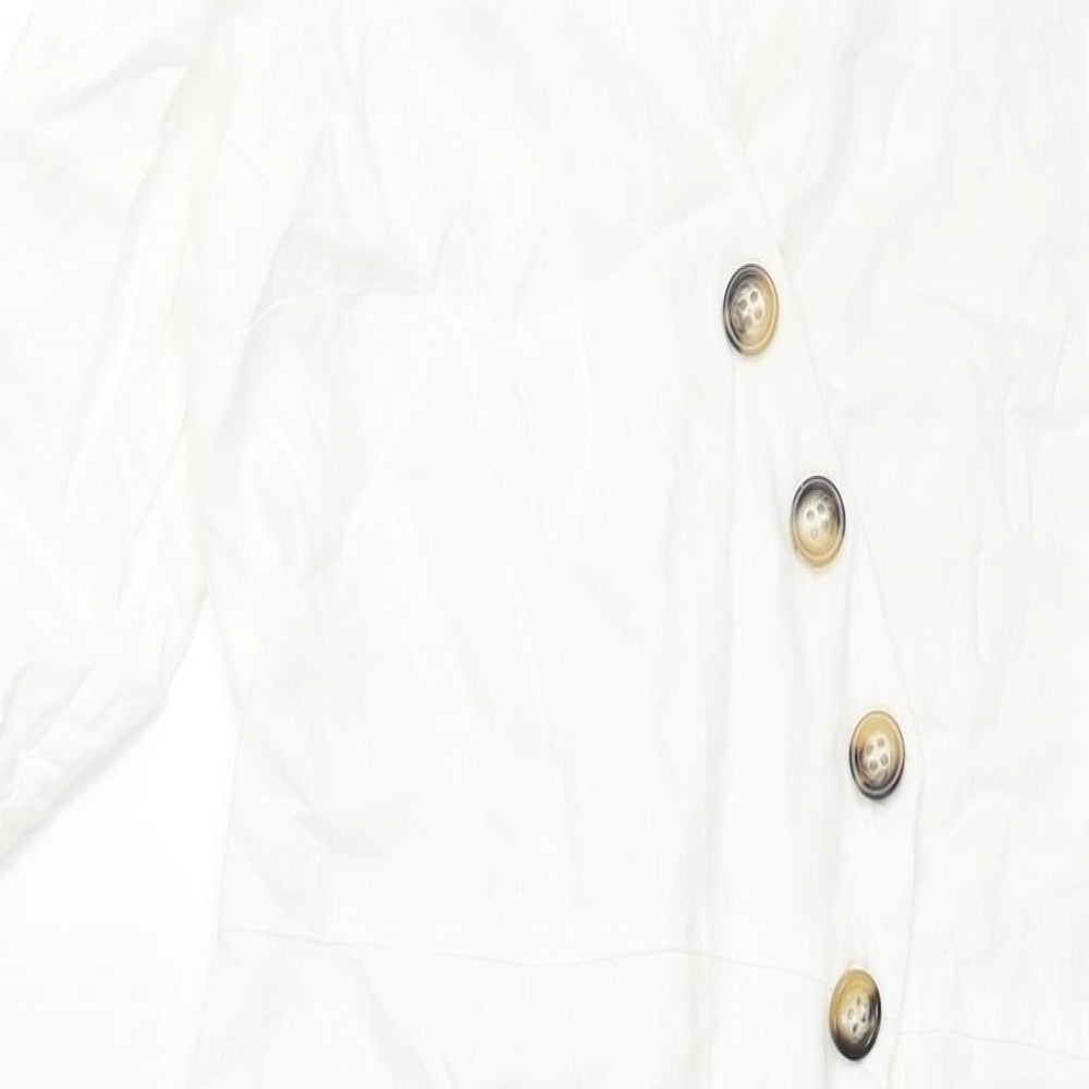 Zara Womens White Cotton Shift Size M V-Neck Button - Belted