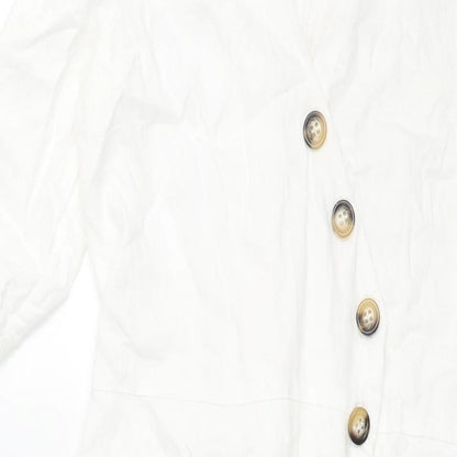 Zara Womens White Cotton Shift Size M V-Neck Button - Belted