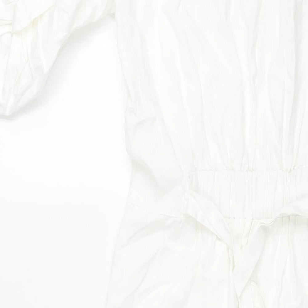Zara Womens White Cotton Shift Size M V-Neck Button - Belted