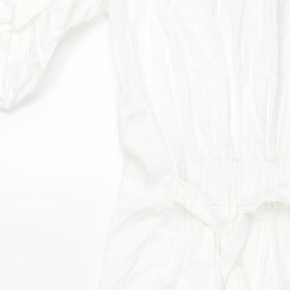 Zara Womens White Cotton Shift Size M V-Neck Button - Belted