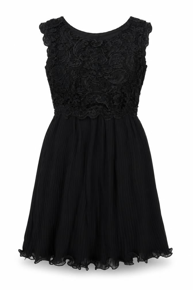 Boohoo Womens Black Polyester Fit & Flare Size 10 Round Neck Zip - Pleated Lace Bodice