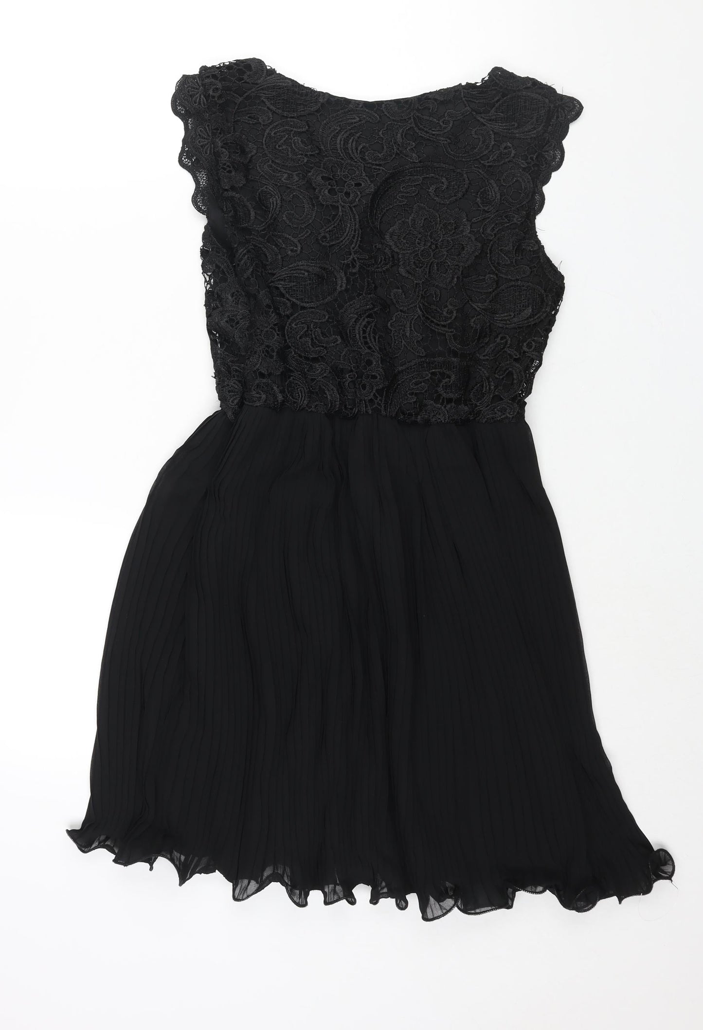 Boohoo Womens Black Polyester Fit & Flare Size 10 Round Neck Zip - Pleated Lace Bodice