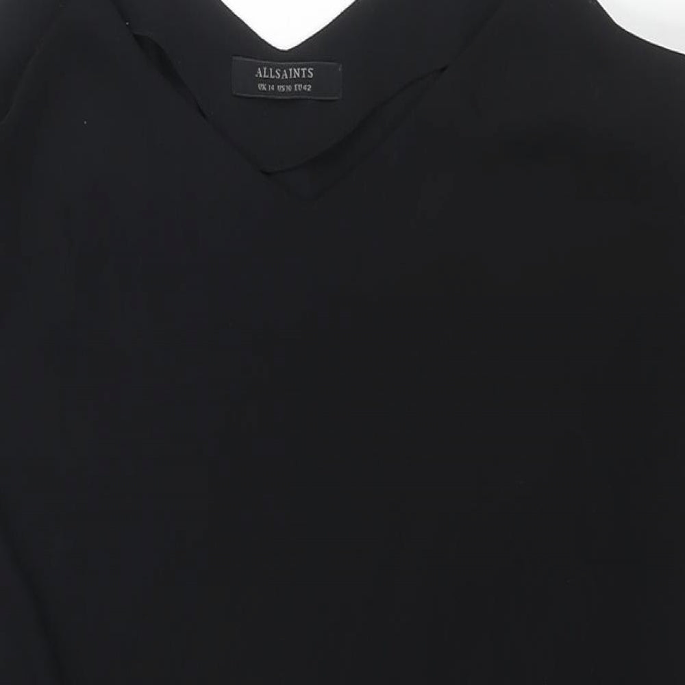Close-up detail of All Saints women’s black polyester shift, size UK 14, v-neck pullover