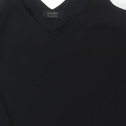 Close-up detail of All Saints women’s black polyester shift, size UK 14, v-neck pullover