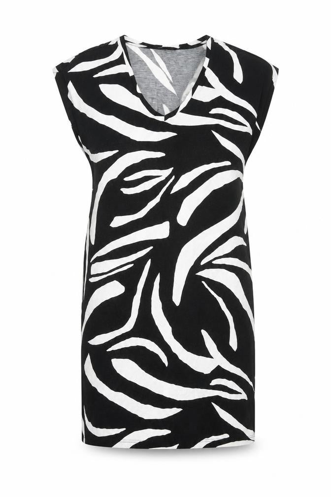 Marks and Spencer Womens Black Geometric Viscose T-Shirt Dress Size 14 V-Neck Pullover