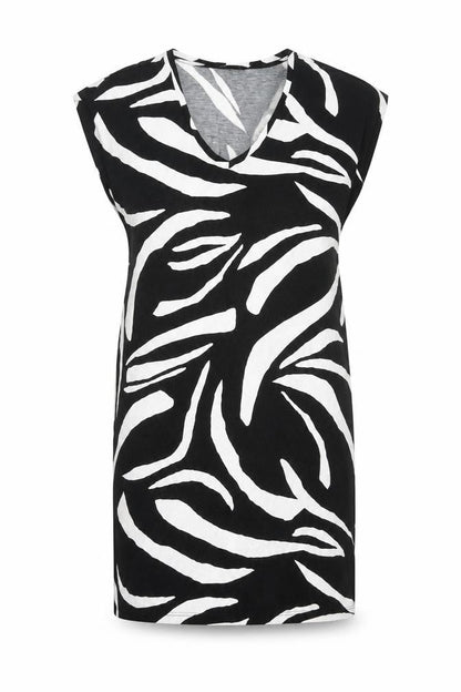 Marks and Spencer Womens Black Geometric Viscose T-Shirt Dress Size 14 V-Neck Pullover