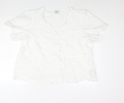 Marks and Spencer Womens White Cotton Basic Blouse Size 24 V-Neck - Peplum Drawstring Lace Detail