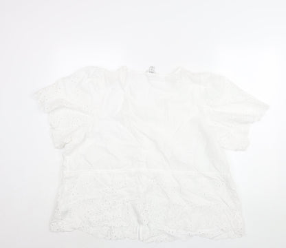 Marks and Spencer Womens White Cotton Basic Blouse Size 24 V-Neck - Peplum Drawstring Lace Detail