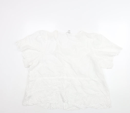Marks and Spencer Womens White Cotton Basic Blouse Size 24 V-Neck - Peplum Drawstring Lace Detail
