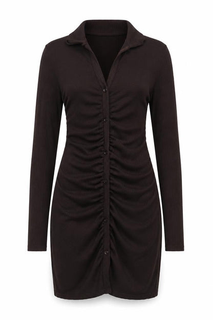 Pink Vanilla Womens Brown Polyester Bodycon Size 8 Collared Pullover - Rouched Ribbed Button Detail