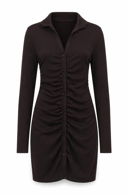 Pink Vanilla Womens Brown Polyester Bodycon Size 8 Collared Pullover - Rouched Ribbed Button Detail