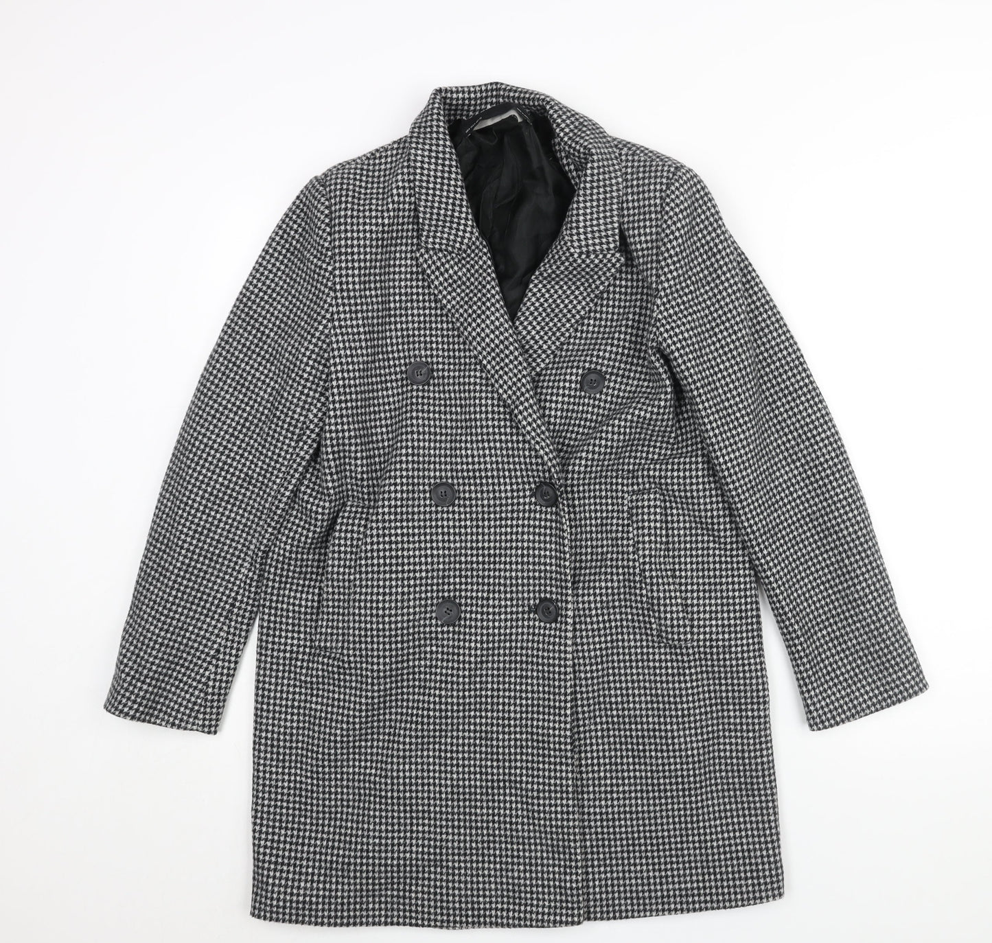 Zara Womens Black Check Overcoat Coat Size M Button - Houndstooth Double Breasted