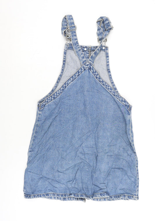 Denim & Co. Womens Blue Cotton Pinafore/Dungaree Dress Size 8 Square Neck Snap