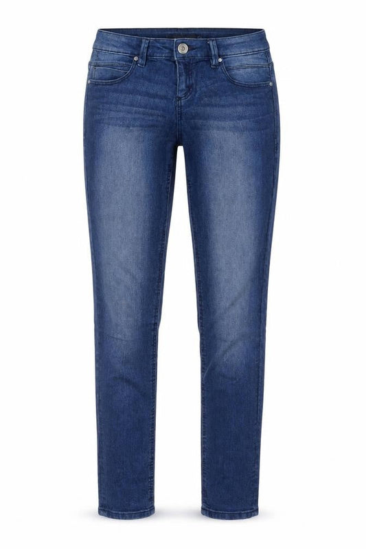 Front view of Denim & Co. women’s blue cotton skinny jeans, size UK 6, 28-inch leg regular zip