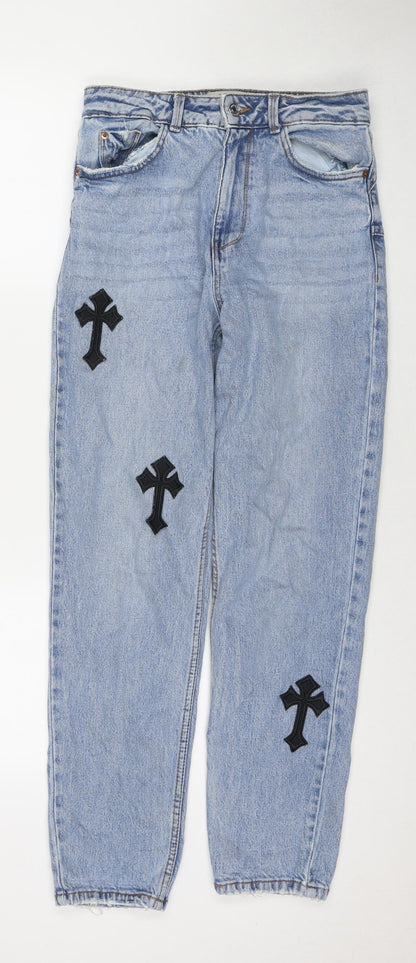 New Look Womens Blue Cotton Mom Jeans Size 8 L28 in Regular Zip - Cross Detail