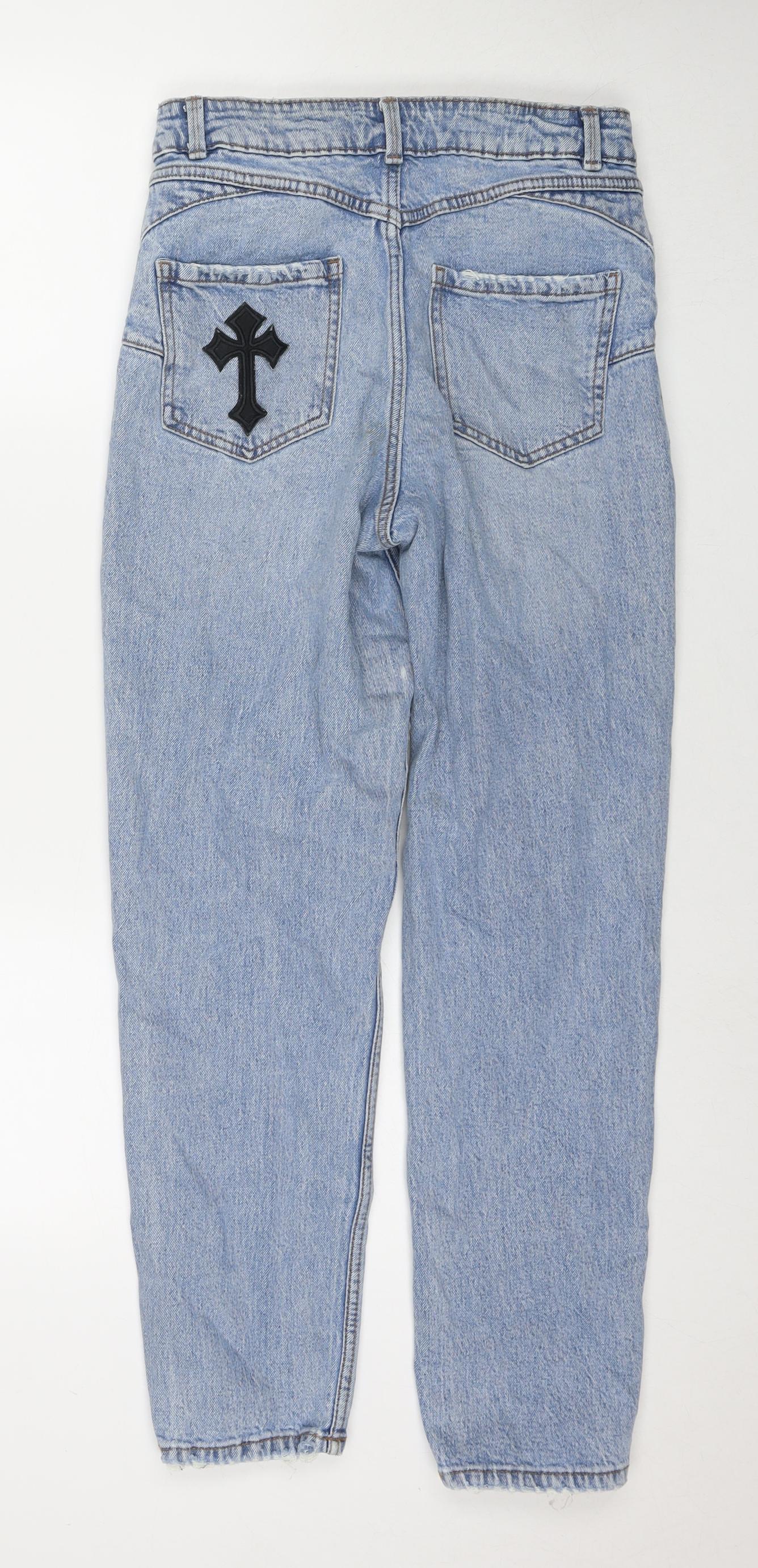 New Look Womens Blue Cotton Mom Jeans Size 8 L28 in Regular Zip - Cross Detail