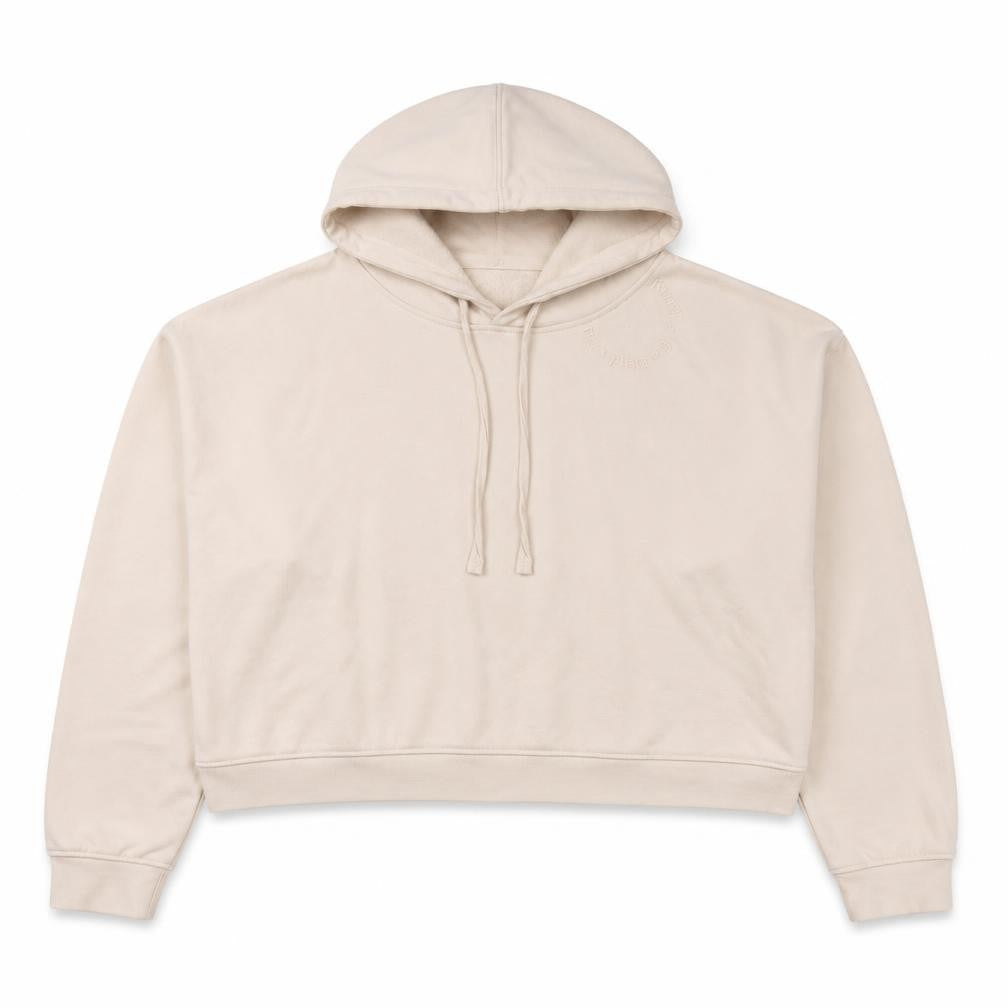 Front view of Nobody's child women’s beige cotton pullover hoodie, size XL, pullover
