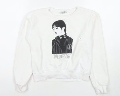 Wednesday Girls White Cotton Pullover Sweatshirt Size 10-11 Years Pullover - Wednesday Addams Family